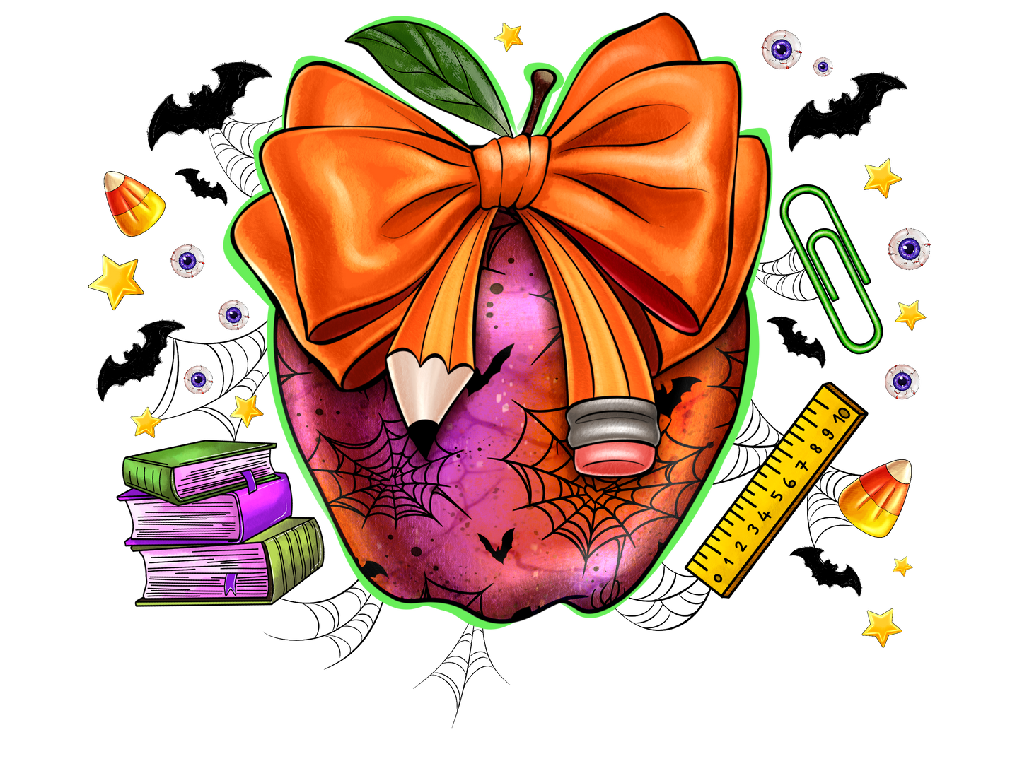 Transferencia térmica de manzana escolar de Halloween, prensa y pela, sin camisa