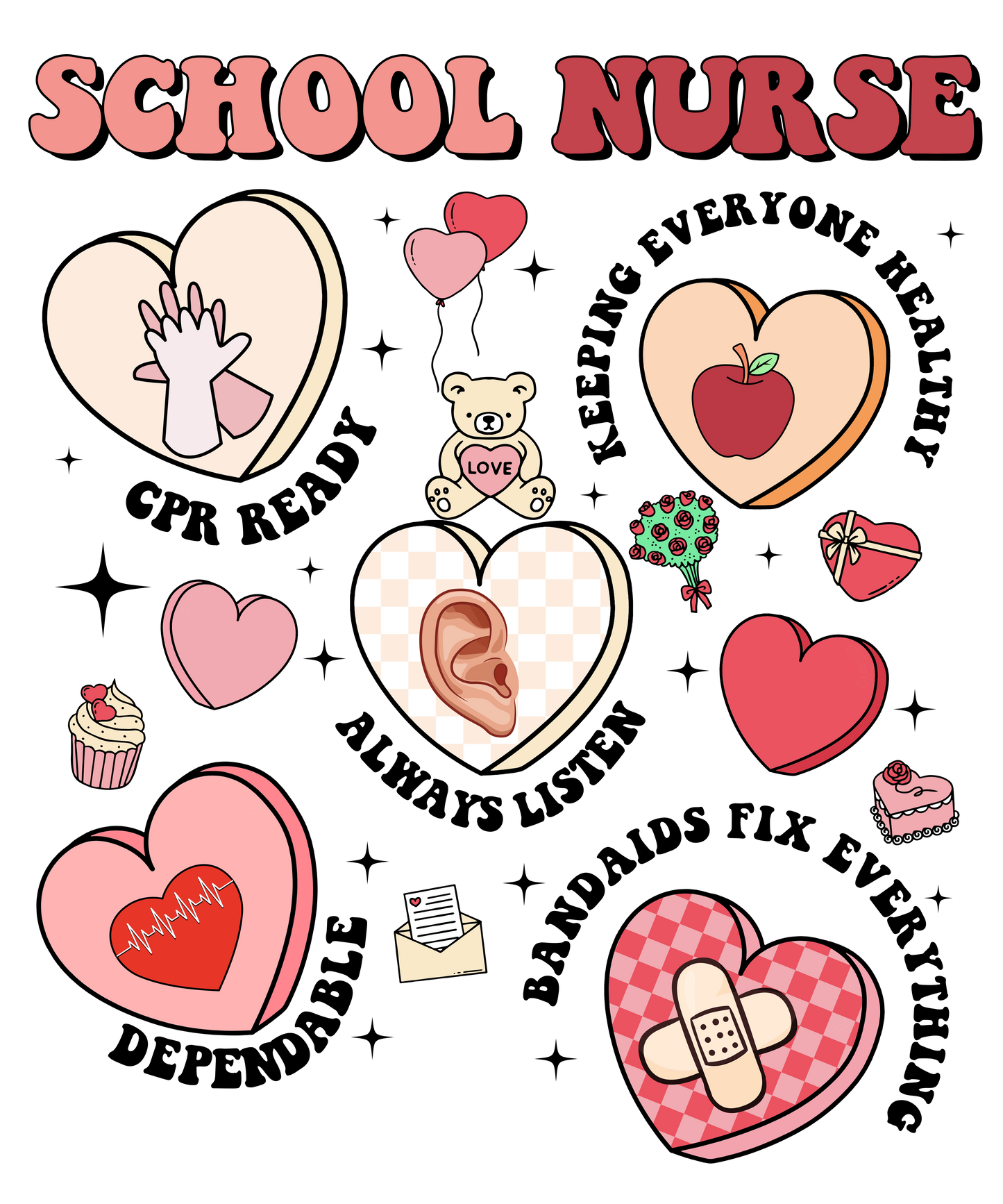 School nurse, valentine, heat transfer, press and peel, no shirt, made to order