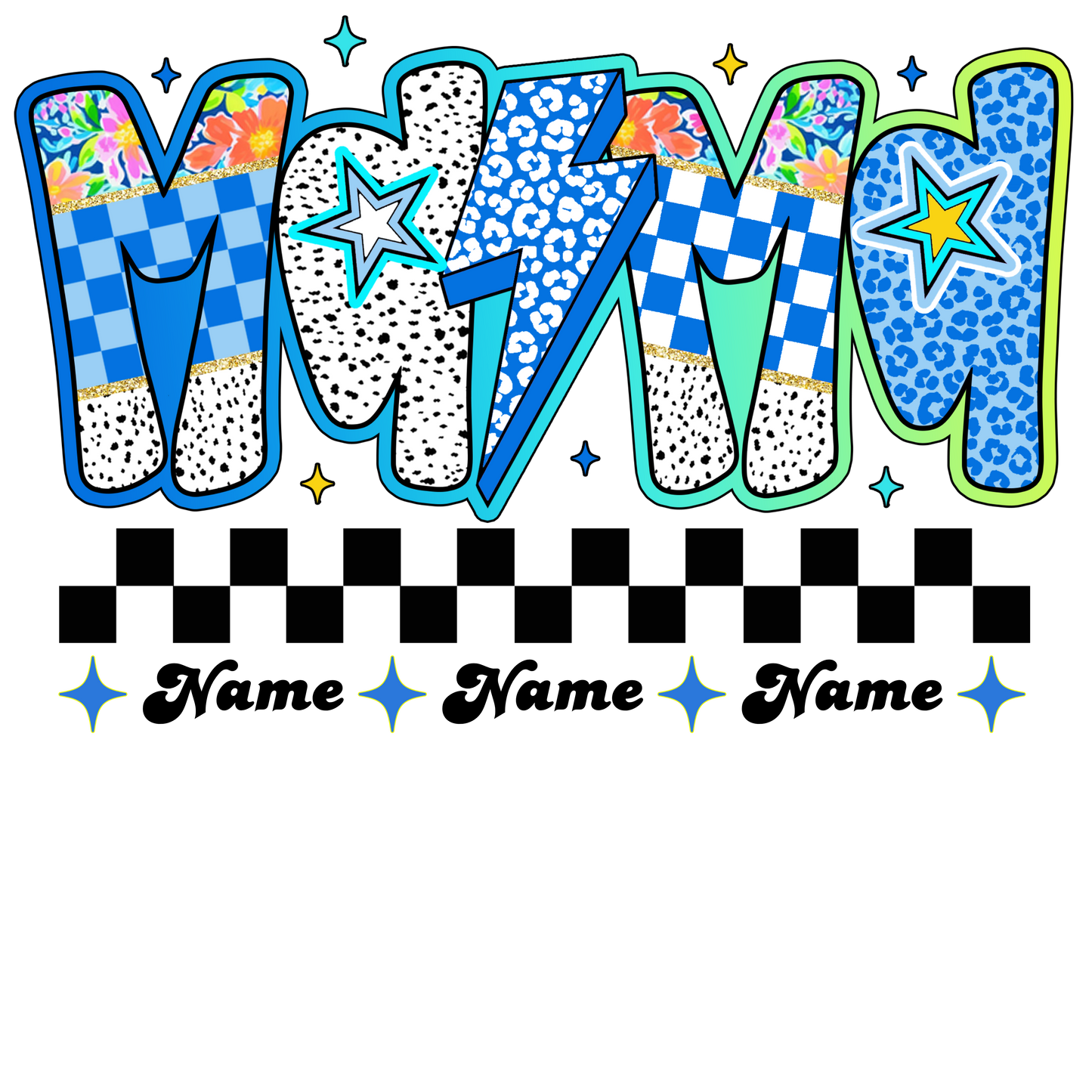 Custom mama with names, blue retro, Press-ready, Transfer only, MTO