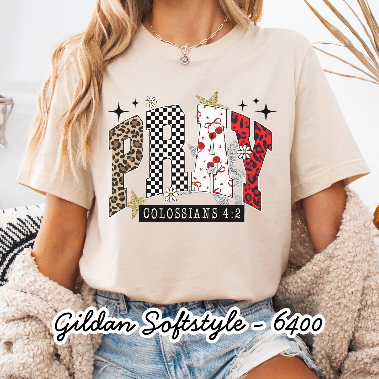 Leopard Cherry Checkered Pray- Short Sleeve - Gildan Softstyle - Women's Printed Tee