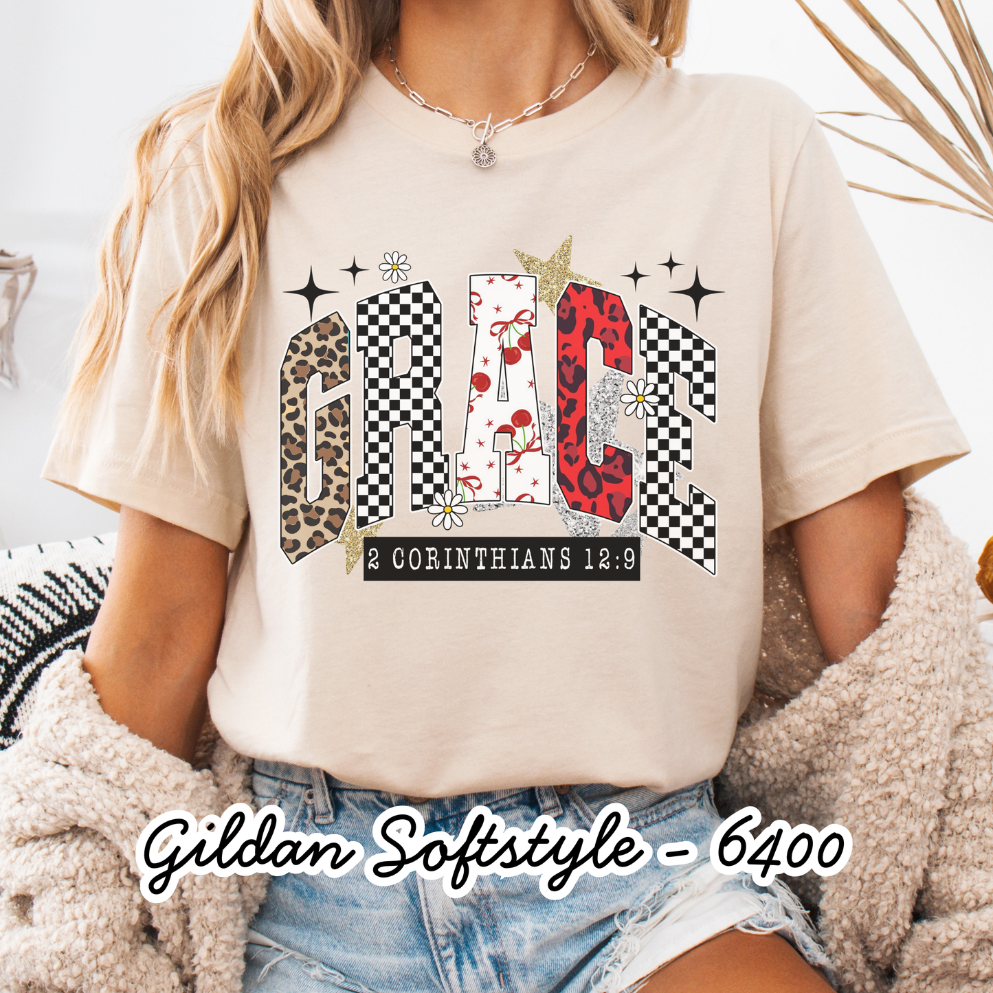 Leopard Cherry Checkered Grace - Short Sleeve - Gildan Softstyle - Women's Printed Tee