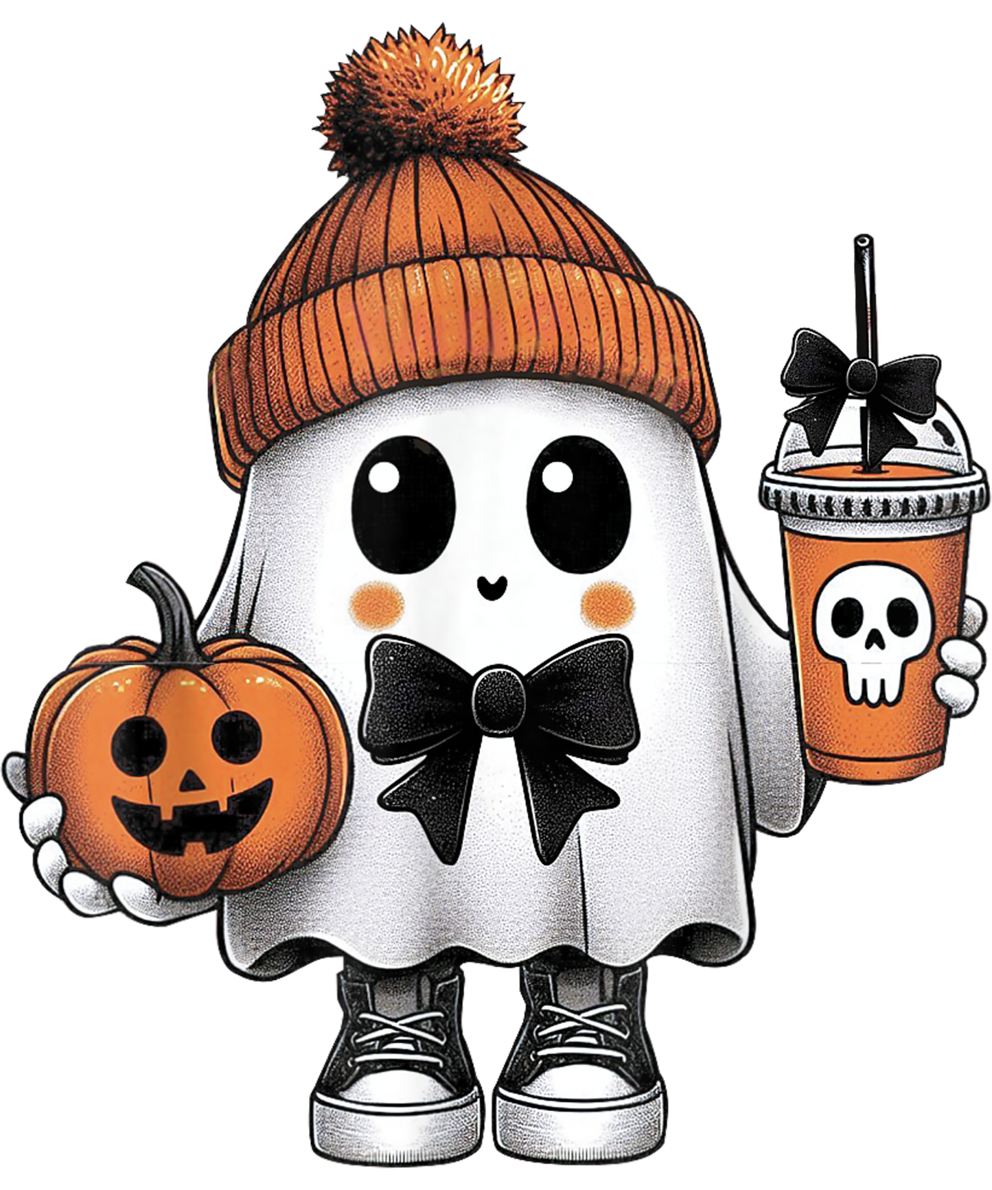 Cute ghost with coffee, Halloween, Press-ready, Transfer only, MTO