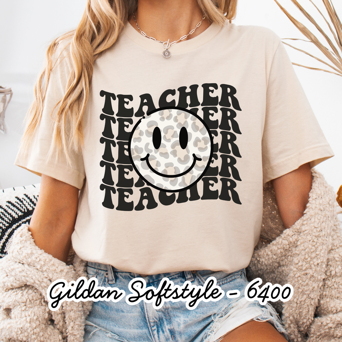 Smiley face teacher- Short Sleeve - Gildan Softstyle - Women's Printed Tee