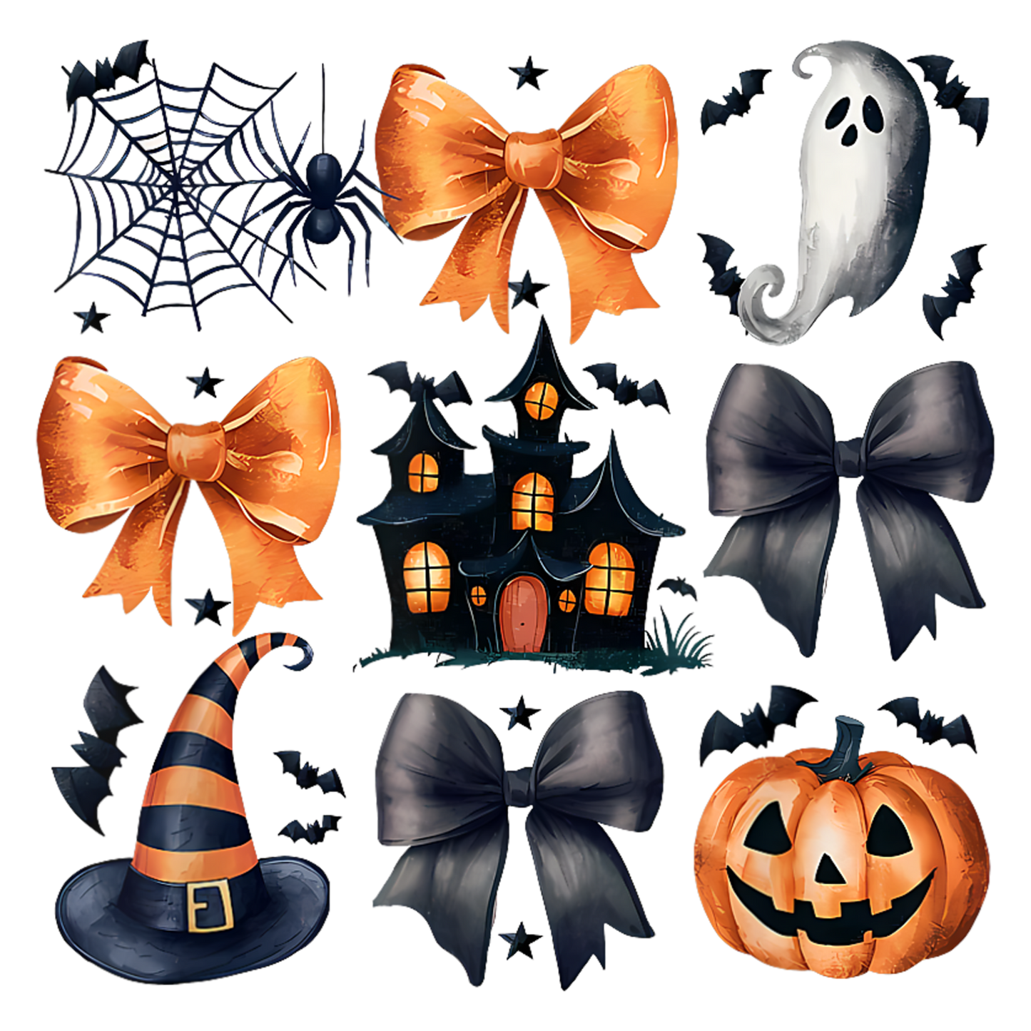 Bows, pumpkin, witch, ghosts, Halloween, Press-ready, Transfer only, MTO