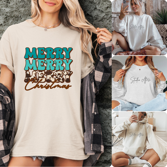 Merry Christmas blue cow print, Graphic Apparel - 126