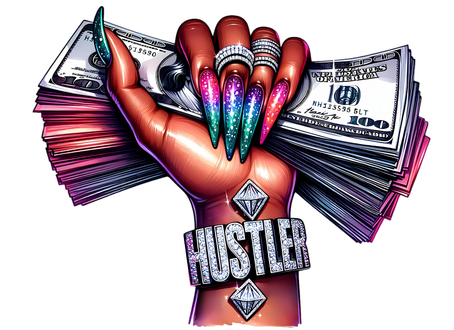 Heat transfer, hustler, cute nails, cash, press and peel, made to order