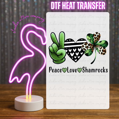 Peace, Love, Shamrock, St. Patty's Day, DTF Heat Transfer, Press and peel, Full color, Instant press, MTO