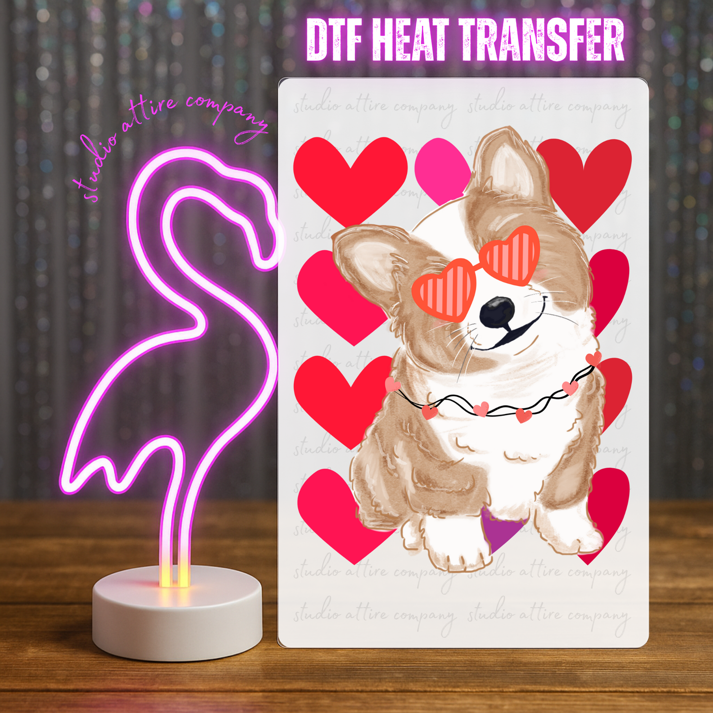 Corgi with heart glasses, Valentine, Heat transfer, Press and peel, Full color, Instant press, MTO