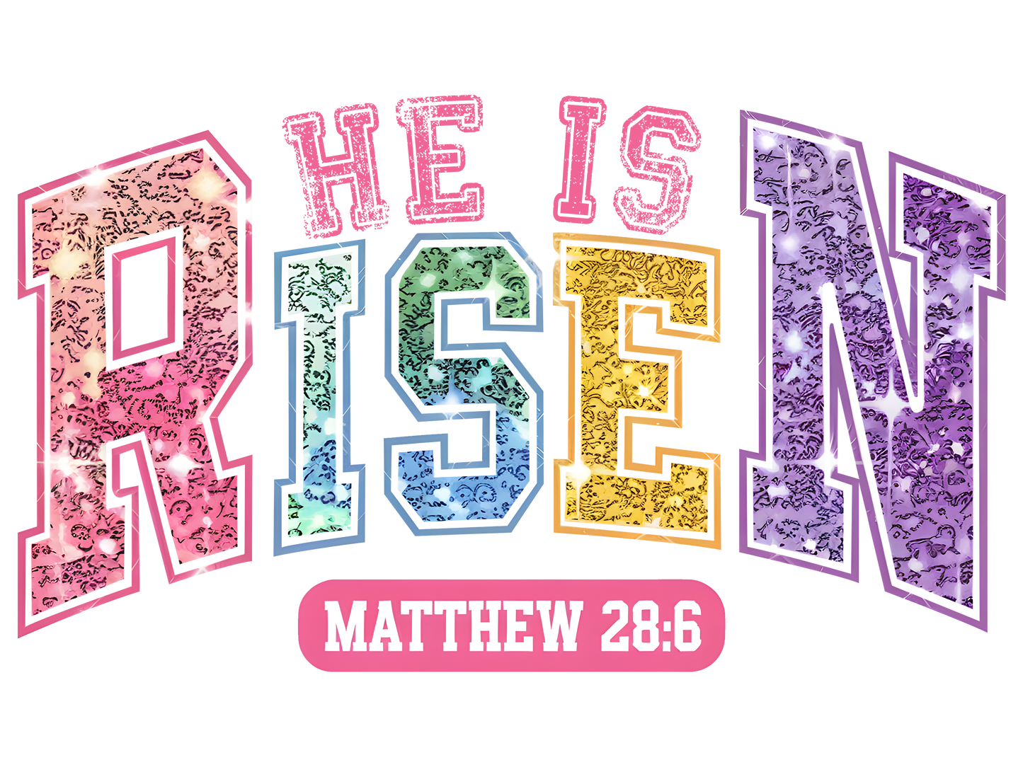Faux glitter Risen, Easter, heat transfer, press and peel, no shirt, made to order
