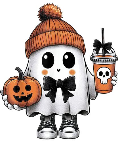 Cute ghost with coffee, Halloween, Press-ready, Transfer only, MTO