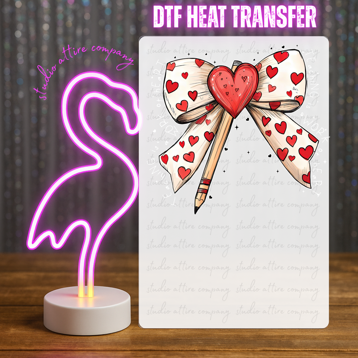 BOW WITH PENCIL WITH HEARTS, Valentine, Heat transfer, Press and peel, Full color, Instant press, MTO