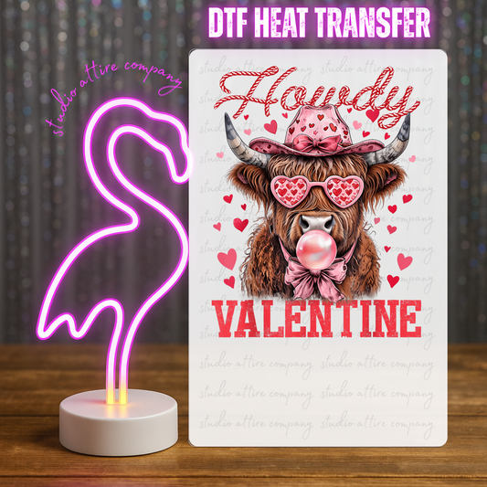 HOWDY VALENTINE, HIGHLAND COW, BOW HAT, HEART GLASSES, Valentine, Heat transfer, Press and peel, Full color, Instant press, MTO