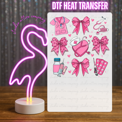 NURSE SCRUB TOP, BOW, MEDICINE BOTTLE, Heat transfer, Press and peel, Full color, Instant press, MTO