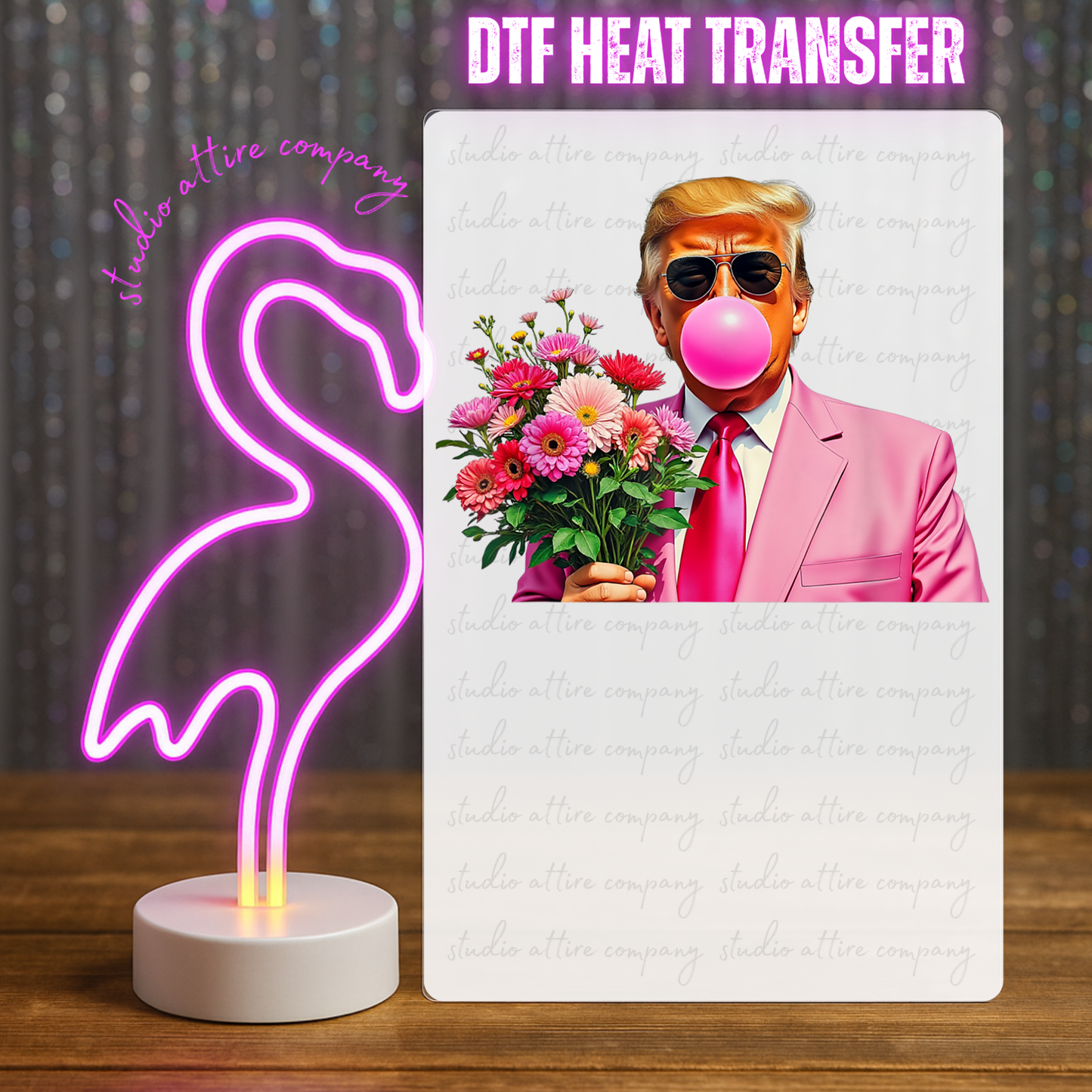 TRUMP BLOWING A BUBBLE, WITH FLOWERS, Heat Transfer, Press and peel, Full color, Instant press, MTO