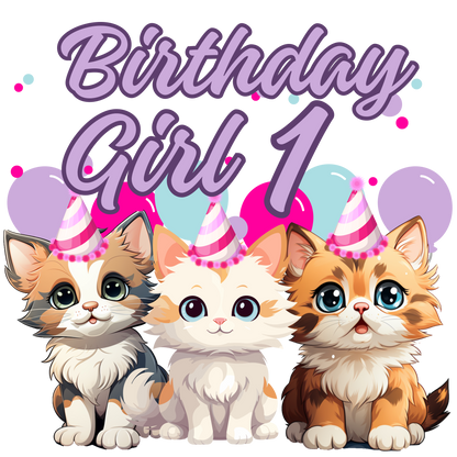 Birthday girl kittens theme set, Ages 1-10, Press-ready, Transfer only, MTO