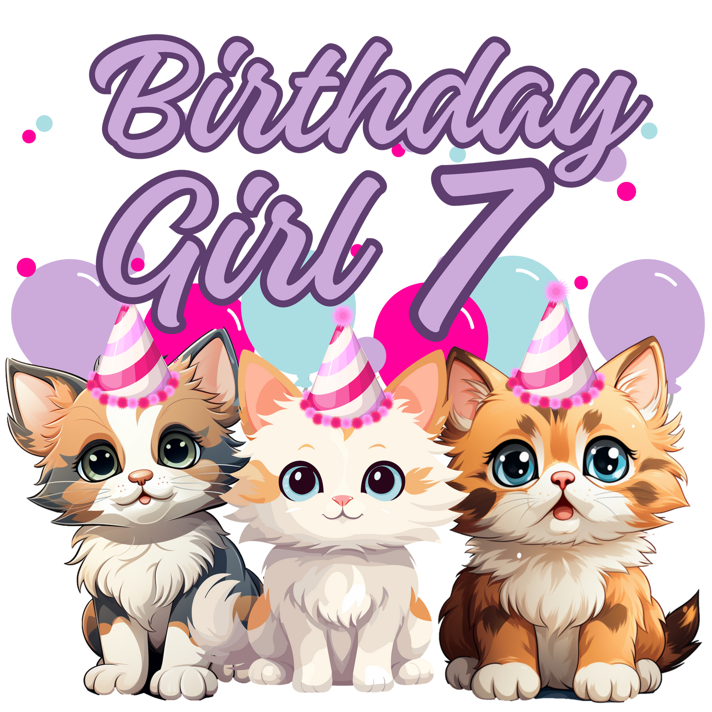 Birthday girl kittens theme set, Ages 1-10, Press-ready, Transfer only, MTO