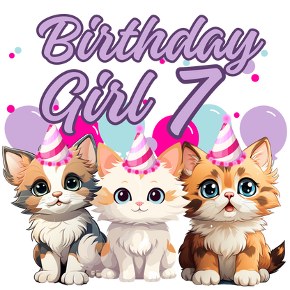 Birthday girl kittens theme set, Ages 1-10, Press-ready, Transfer only, MTO
