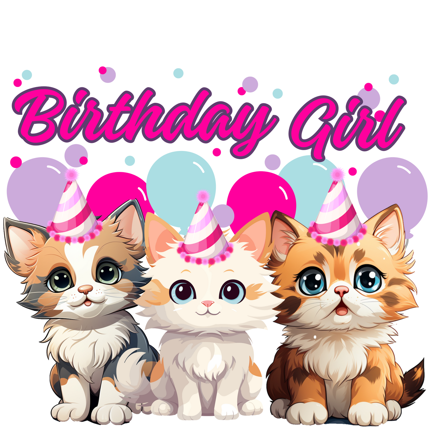 Birthday girl kittens theme set, Ages 1-10, Press-ready, Transfer only, MTO